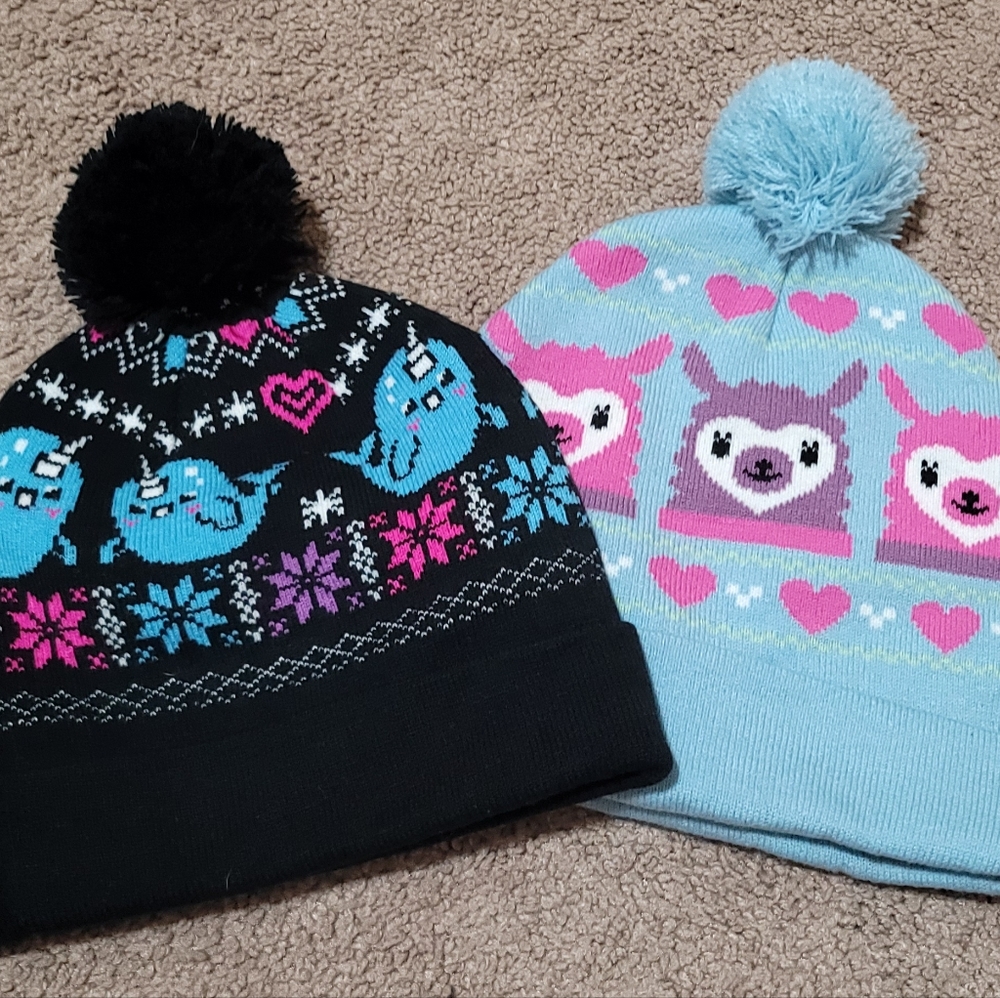 2 Pom-Pom Beanie Winter Hats - Narwhals & Llamas